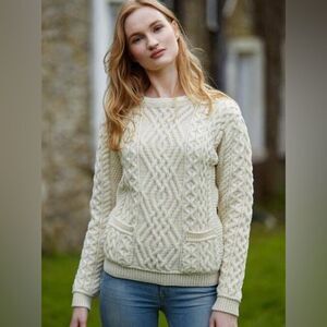 Aran Mor Ireland Aran Cable Knit 100% Wool Irish Sweater with Pockets S NWOT
